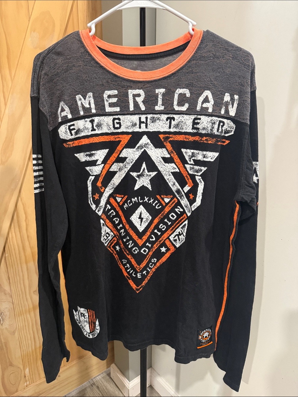 Men’s American Fighter Black & Orange Long Sleeve Graphic Tee